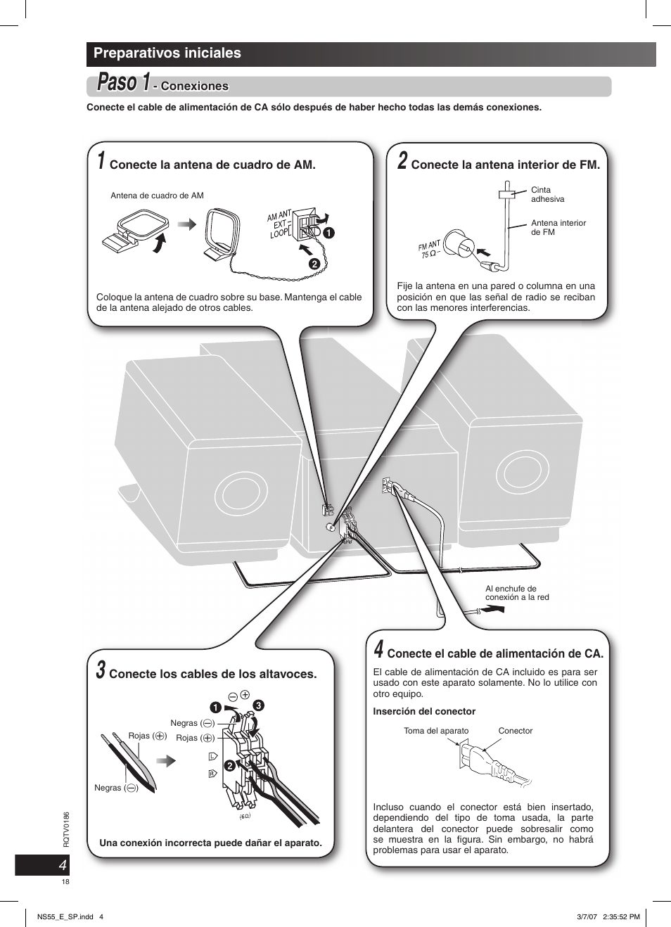 Paso 1, Preparativos iniciales | Panasonic SCNS55 User Manual | Page 18 / 58