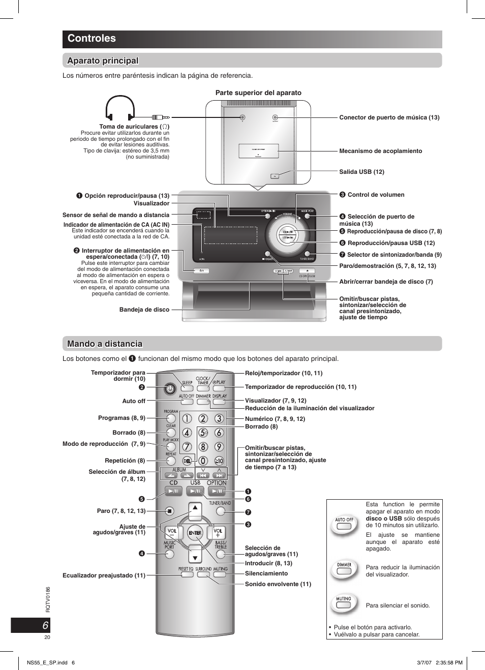 Controles, Aparato principal, Mando a distancia | Panasonic SCNS55 User Manual | Page 20 / 58