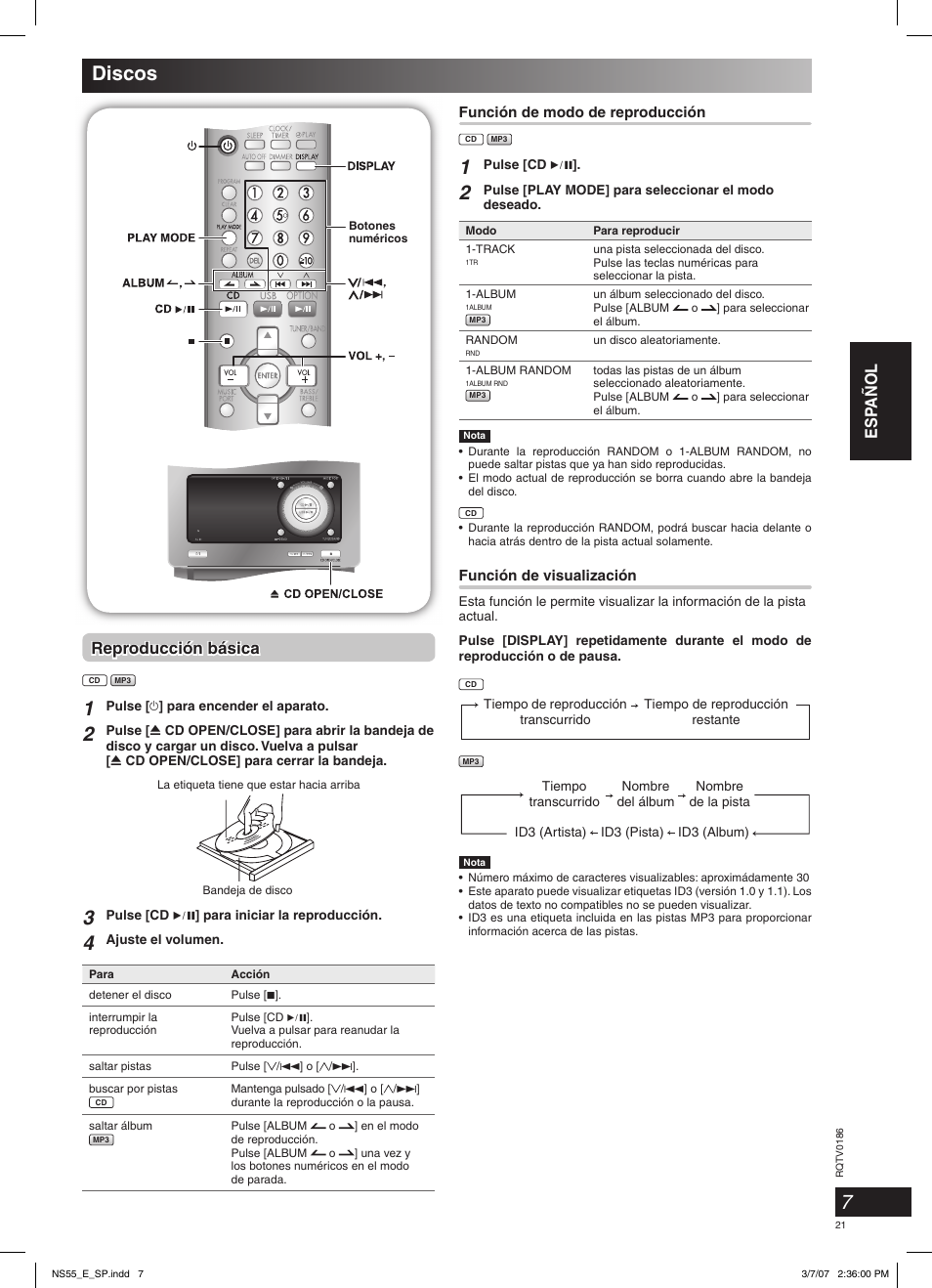 Discos, Esp añol, Reproducción básica | Panasonic SCNS55 User Manual | Page 21 / 58