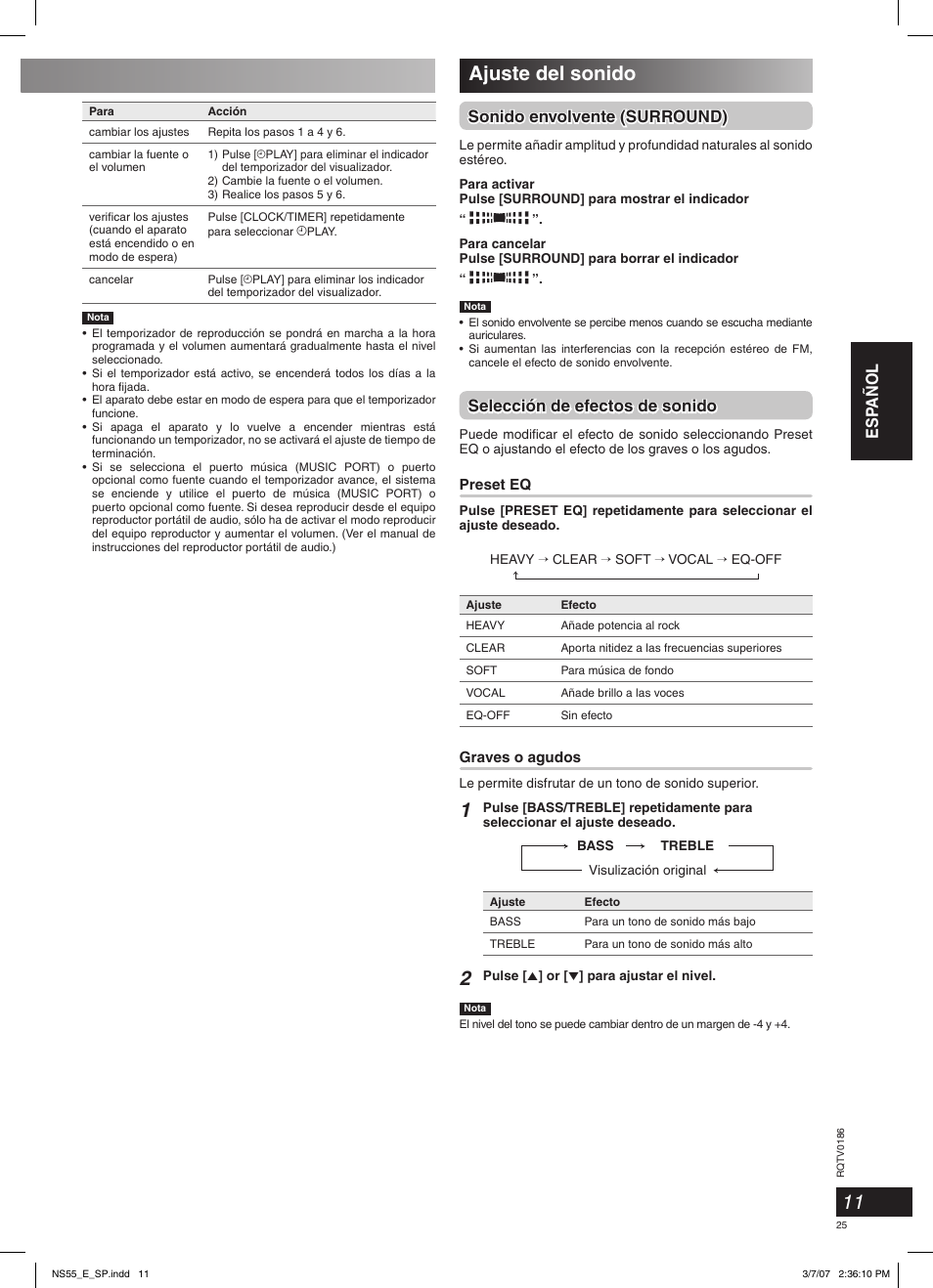 Ajuste del sonido, Esp añol, Sonido envolvente (surround) | Selección de efectos de sonido | Panasonic SCNS55 User Manual | Page 25 / 58