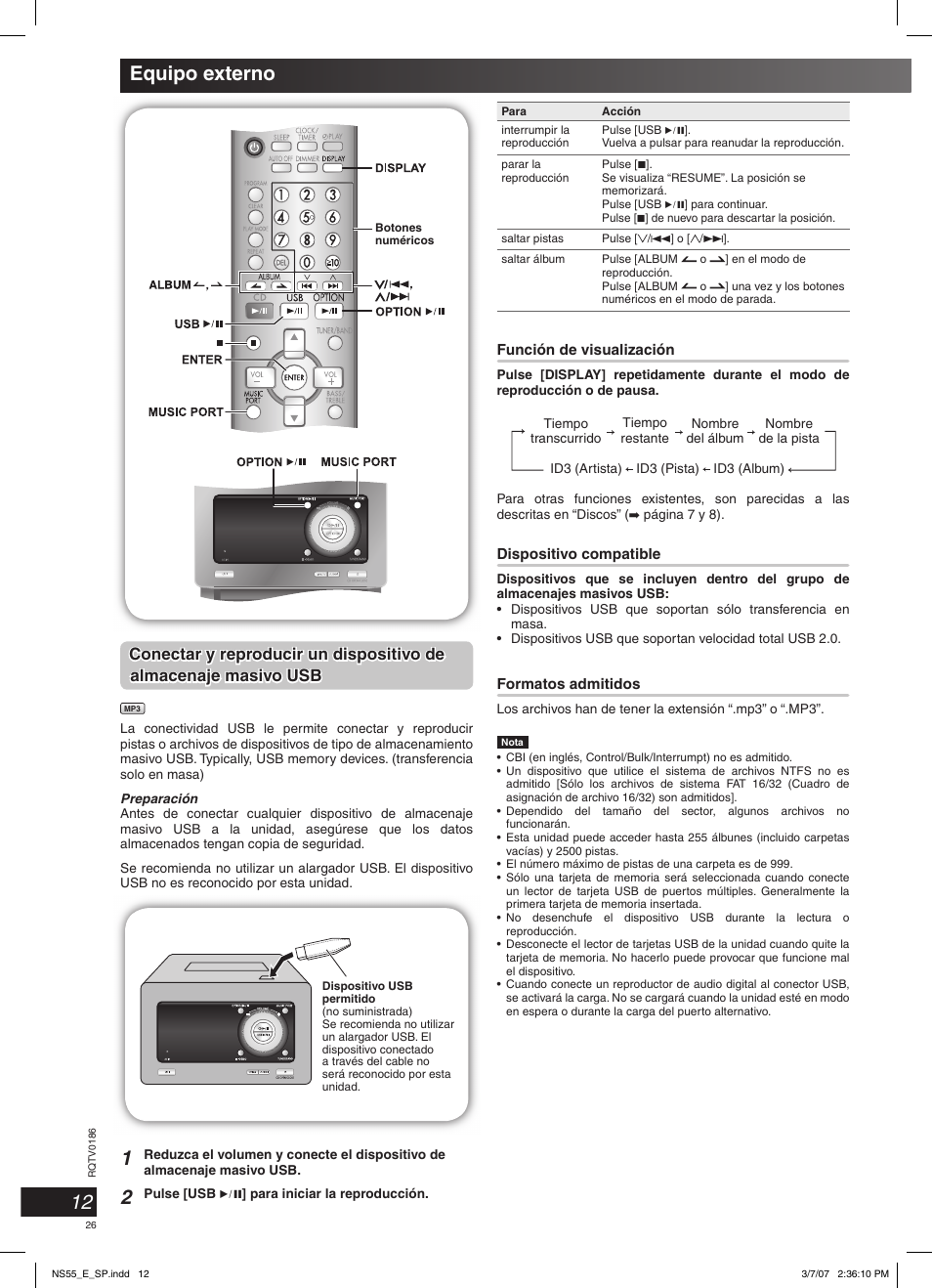 Equipo externo, Conectar y reproducir un dispositivo de | Panasonic SCNS55 User Manual | Page 26 / 58