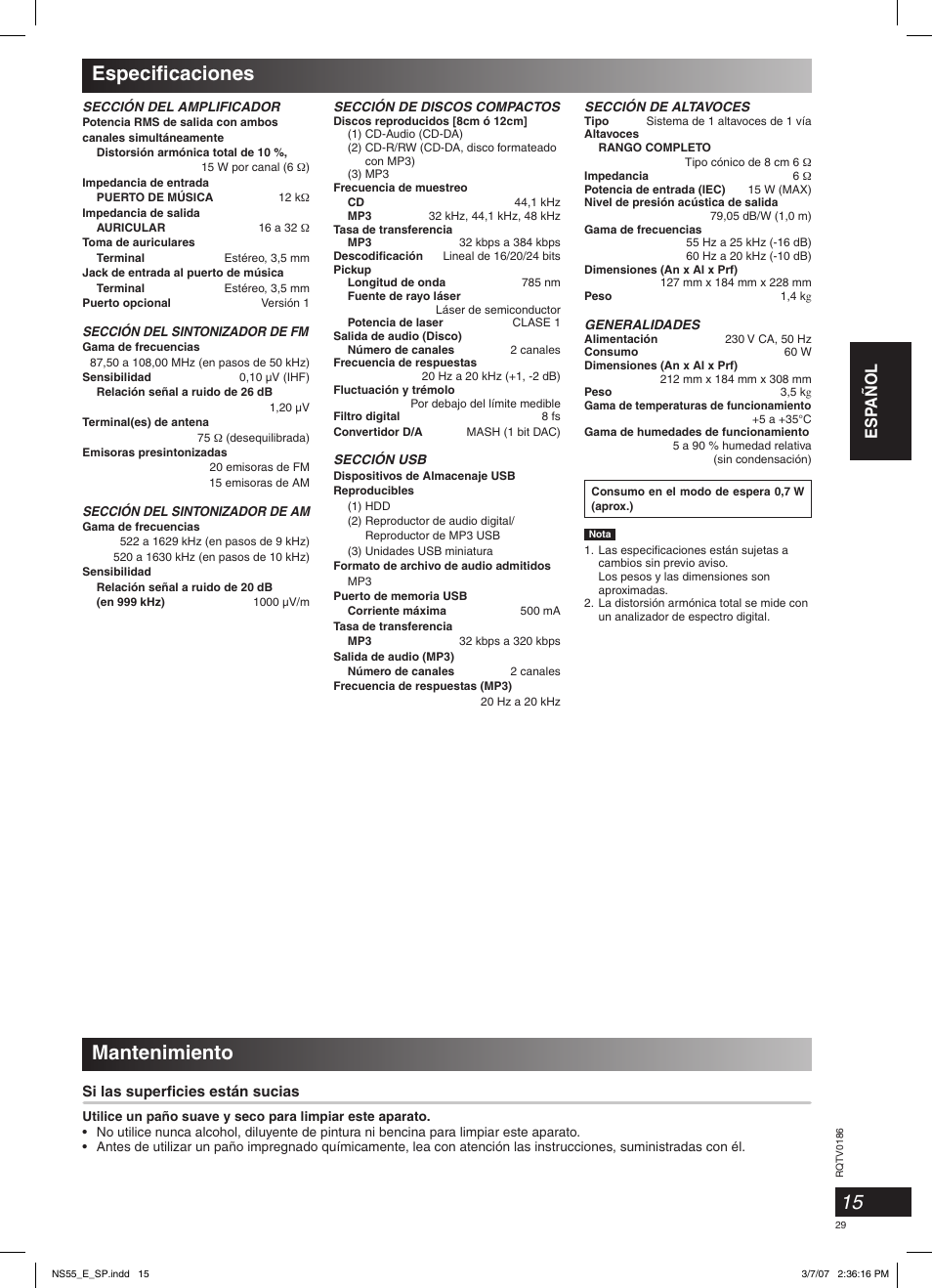 Especifi caciones mantenimiento, Esp añol, Si las superfi cies están sucias | Panasonic SCNS55 User Manual | Page 29 / 58