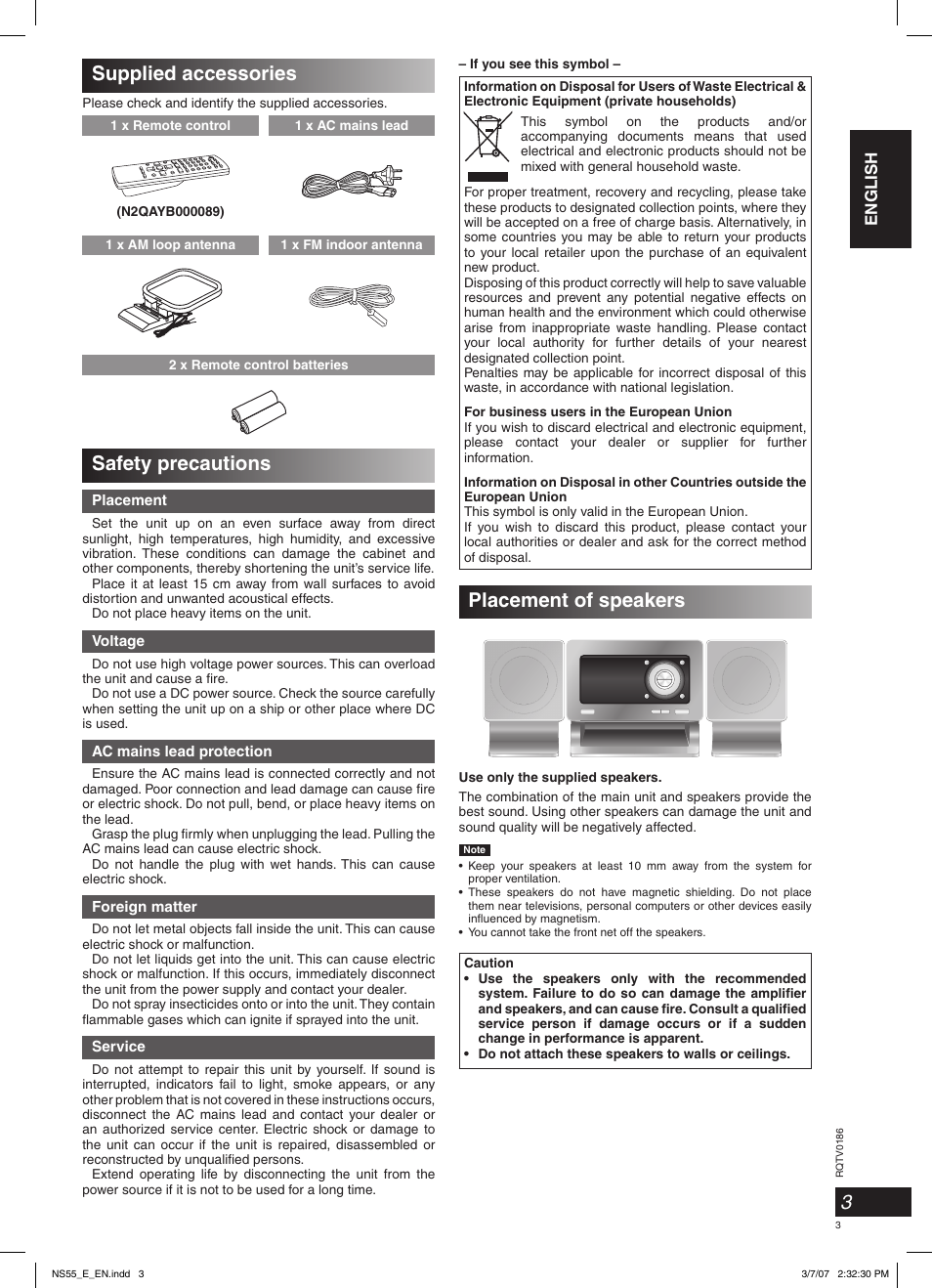 Supplied accessories, Safety precautions, Placement of speakers | English | Panasonic SCNS55 User Manual | Page 3 / 58