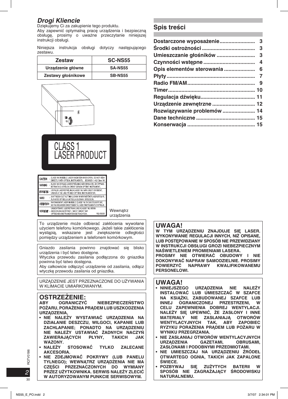 2drogi kliencie, Ostrze˚enie, Spis treêci | Uwaga | Panasonic SCNS55 User Manual | Page 30 / 58
