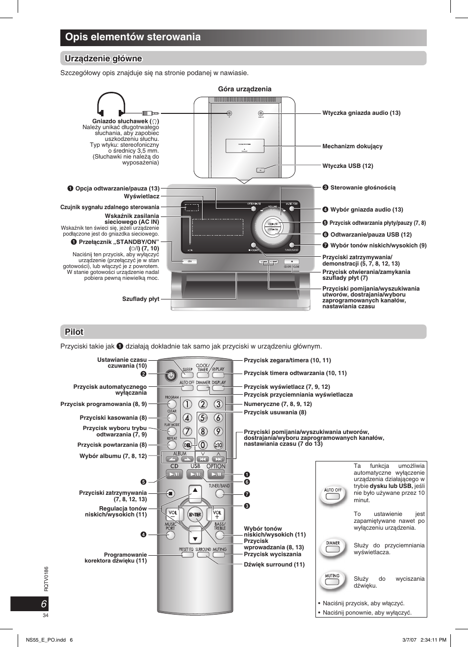 Opis elementów sterowania, Urzàdzenie g∏ówne, Pilot | Panasonic SCNS55 User Manual | Page 34 / 58