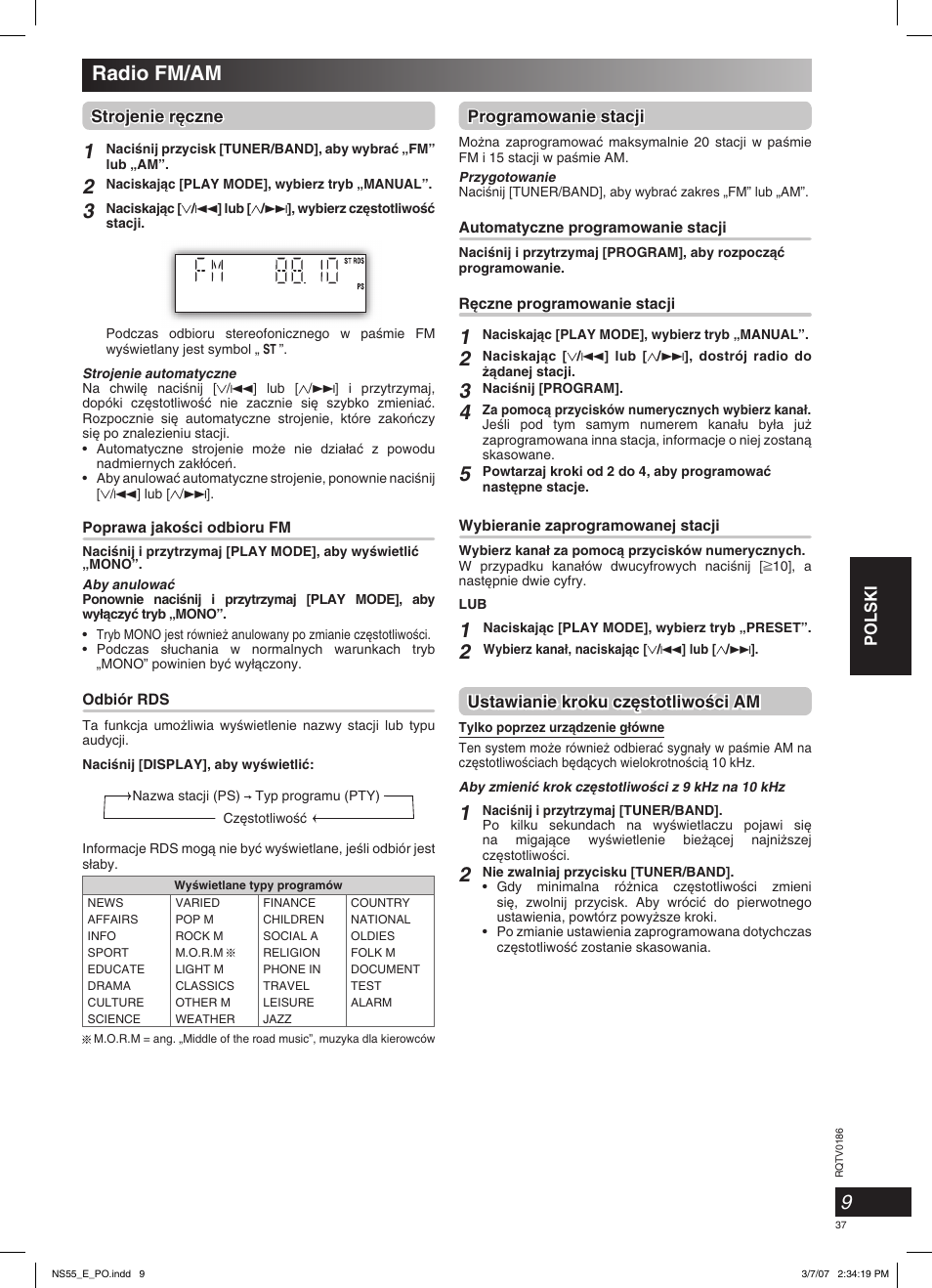 Radio fm/am, Polski, Strojenie r´czne | Programowanie stacji, Ustawianie kroku cz´stotliwoêci am | Panasonic SCNS55 User Manual | Page 37 / 58