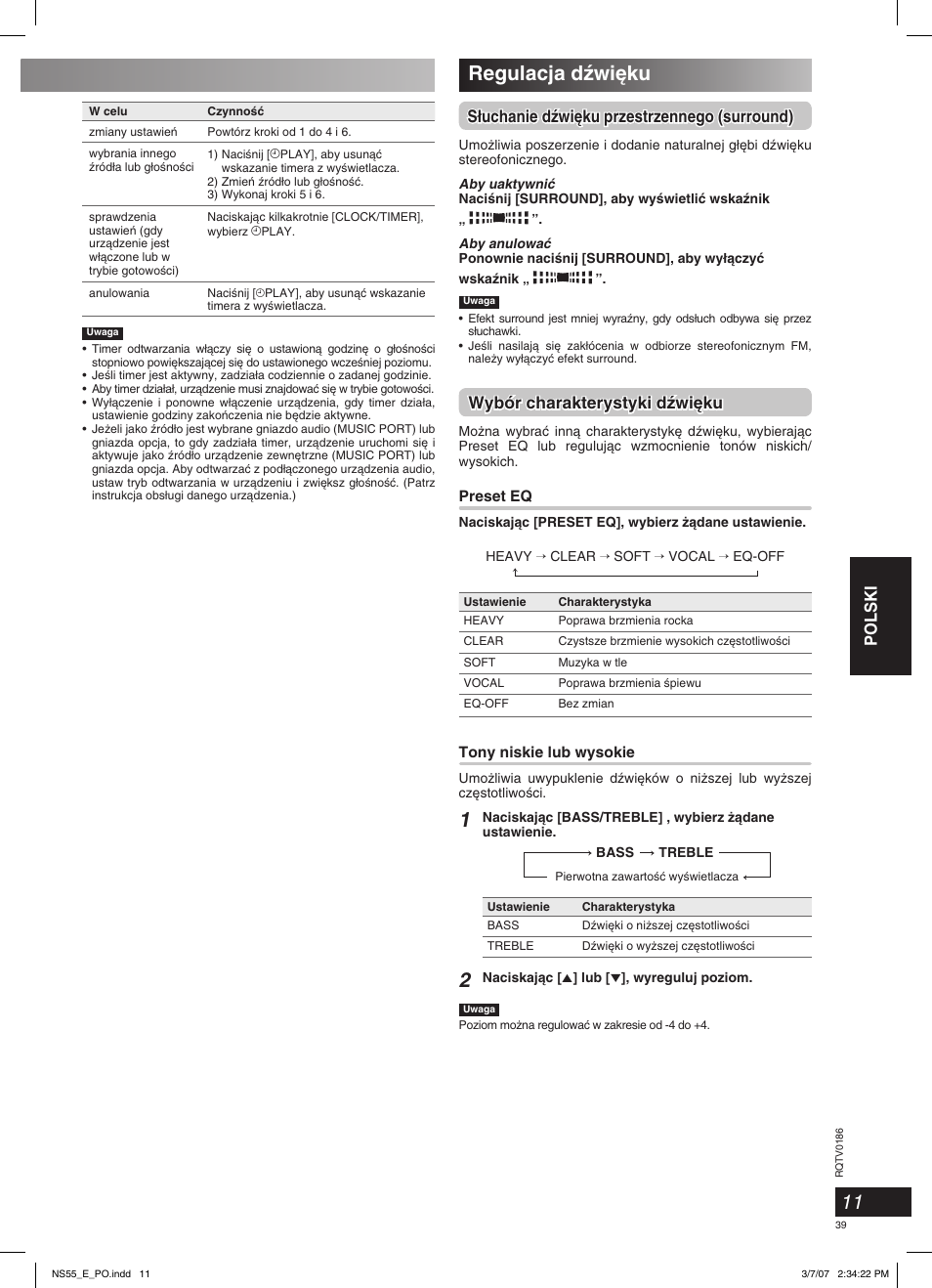 Regulacja dêwi´ku, Polski, S∏uchanie dêwi´ku przestrzennego (surround) | Wybór charakterystyki dêwi´ku | Panasonic SCNS55 User Manual | Page 39 / 58
