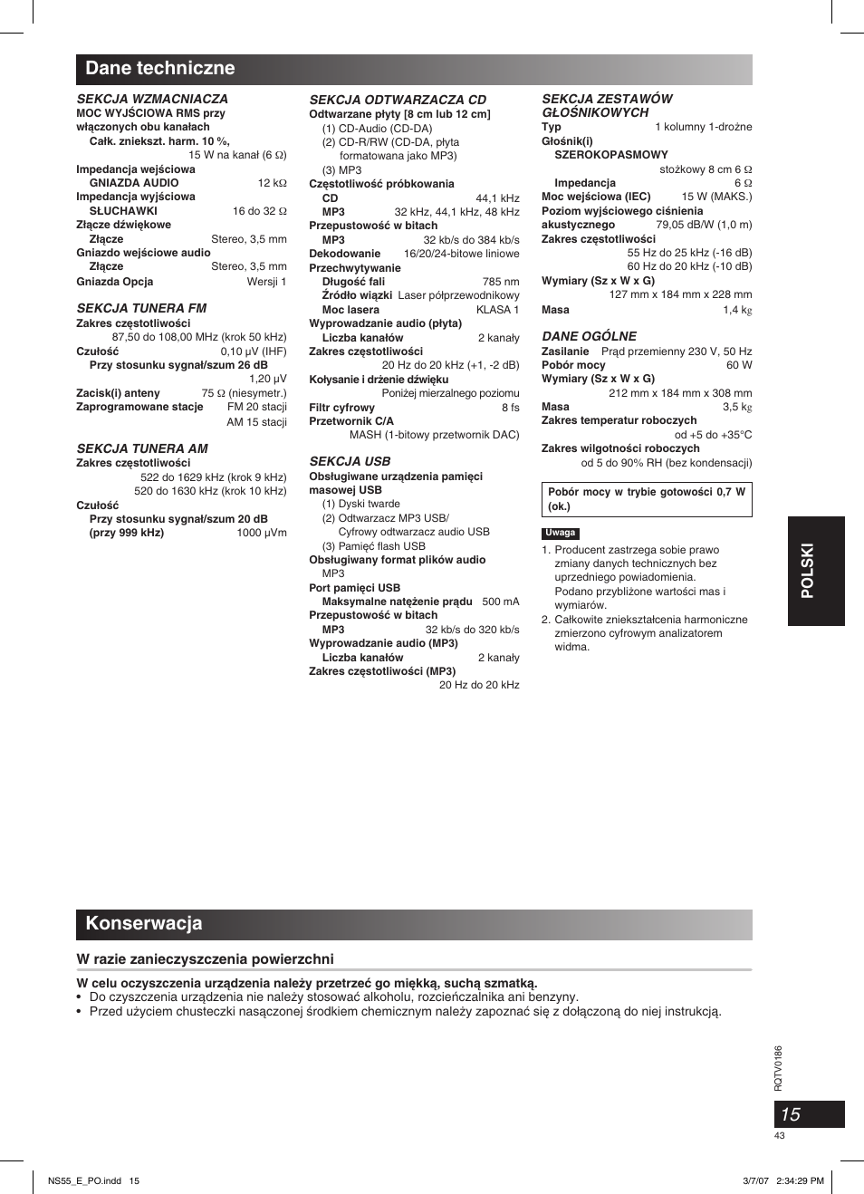 Dane techniczne, Konserwacja, Polski | W razie zanieczyszczenia powierzchni | Panasonic SCNS55 User Manual | Page 43 / 58