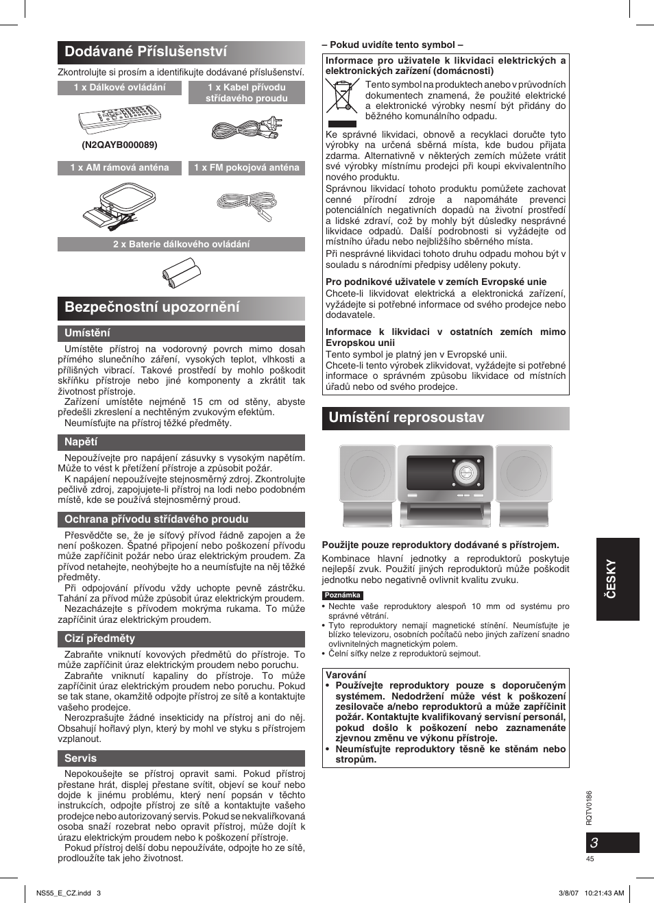 Umístûní reprosoustav, Dodávané pﬁíslu‰enství, Bezpeãnostní upozornûní | Âesky | Panasonic SCNS55 User Manual | Page 45 / 58