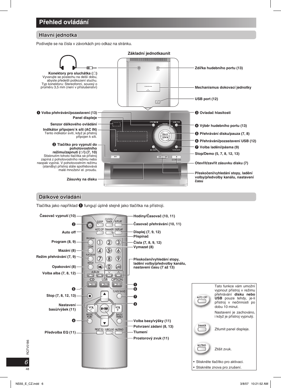 Pﬁehled ovládání, Hlavní jednotka, Dálkové ovládání | Panasonic SCNS55 User Manual | Page 48 / 58