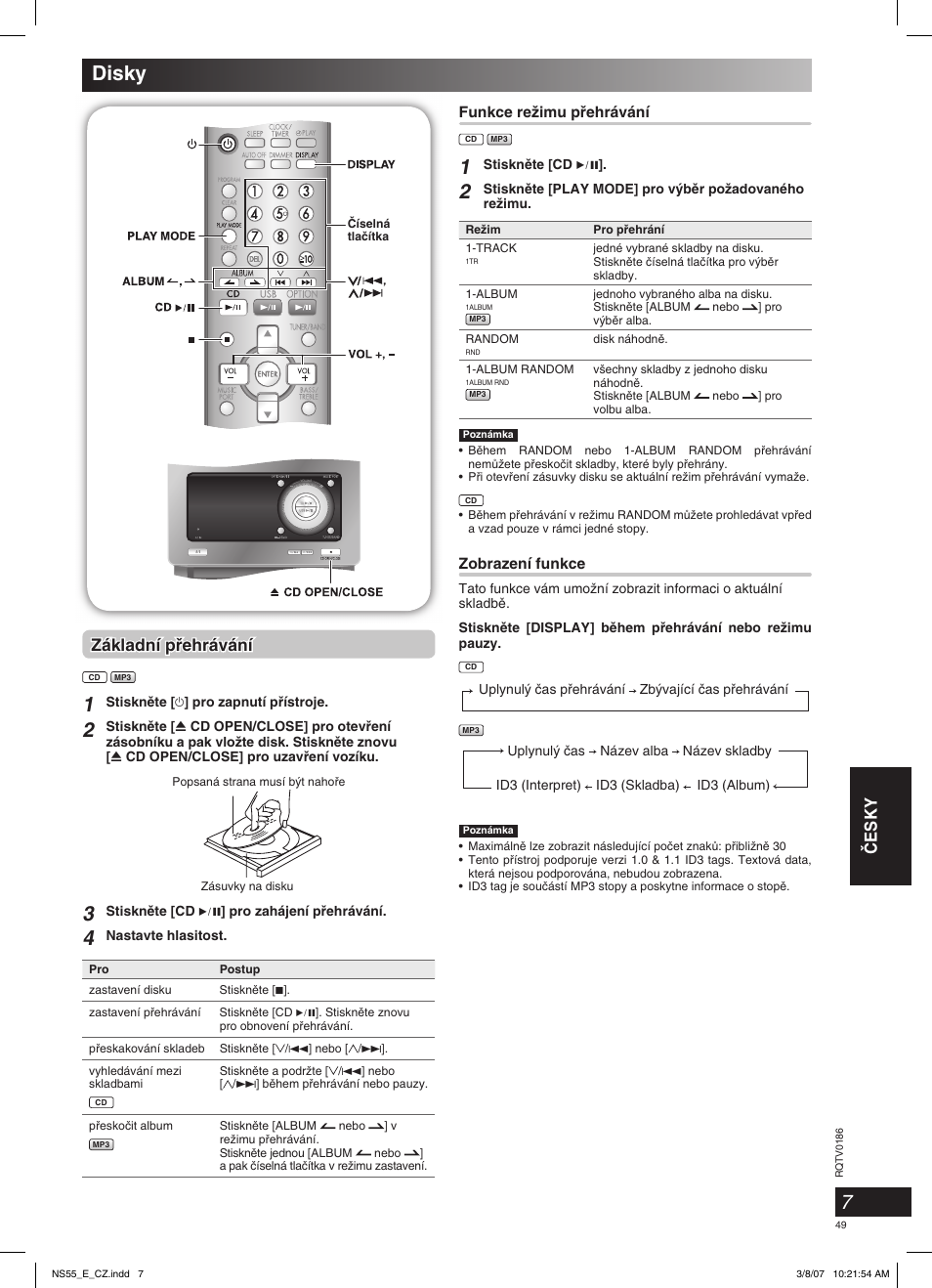 Disky, Âesky, Základní pﬁehrávání | Panasonic SCNS55 User Manual | Page 49 / 58