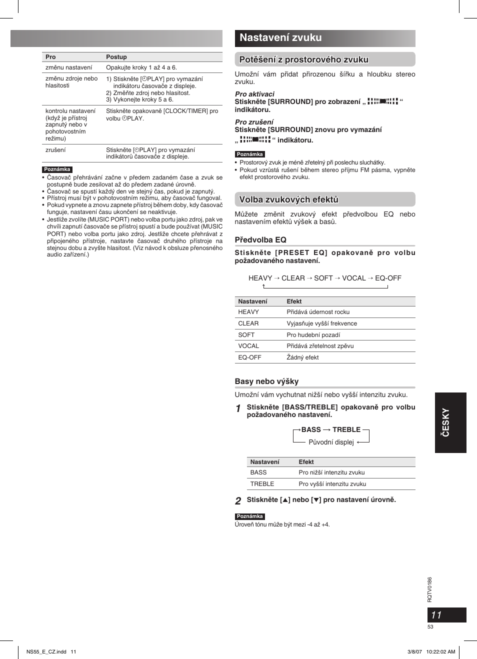 Nastavení zvuku, Âesky, Potû‰ení z prostorového zvuku | Volba zvukov˘ch efektû | Panasonic SCNS55 User Manual | Page 53 / 58