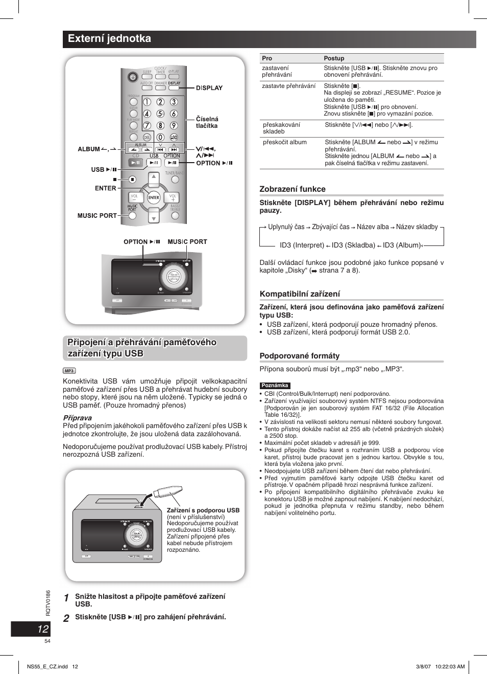 Externí jednotka, Pﬁipojení a pﬁehrávání pamûèového | Panasonic SCNS55 User Manual | Page 54 / 58