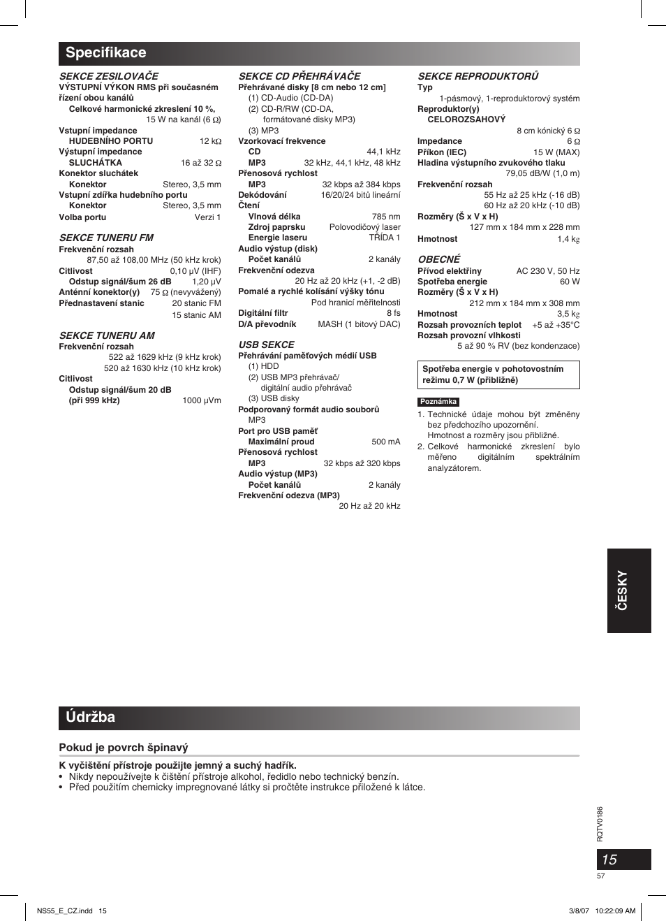 Specifikace, Údrïba, Âesky | Pokud je povrch ‰pinav | Panasonic SCNS55 User Manual | Page 57 / 58