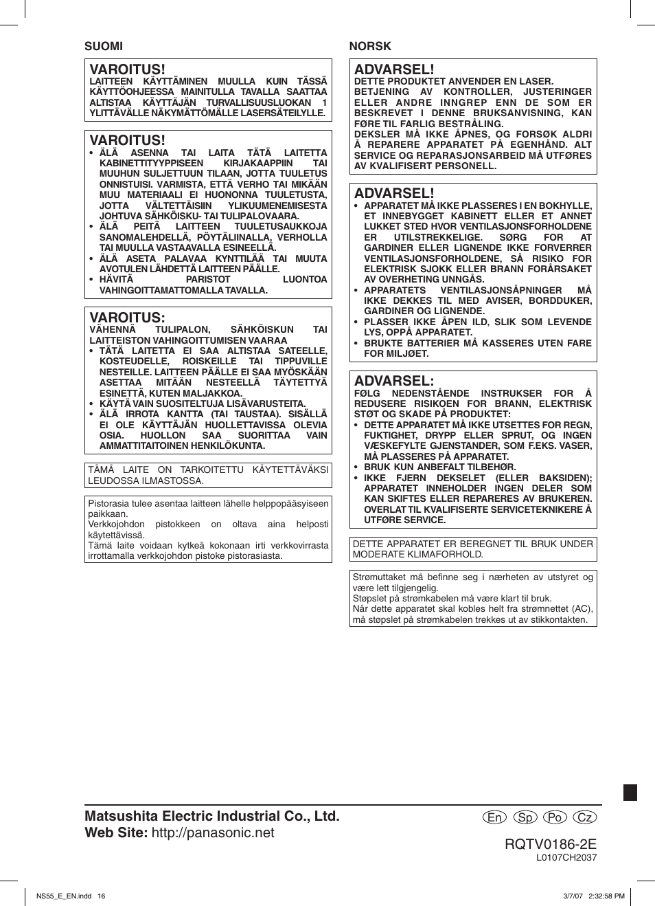 Varoitus, Advarsel | Panasonic SCNS55 User Manual | Page 58 / 58