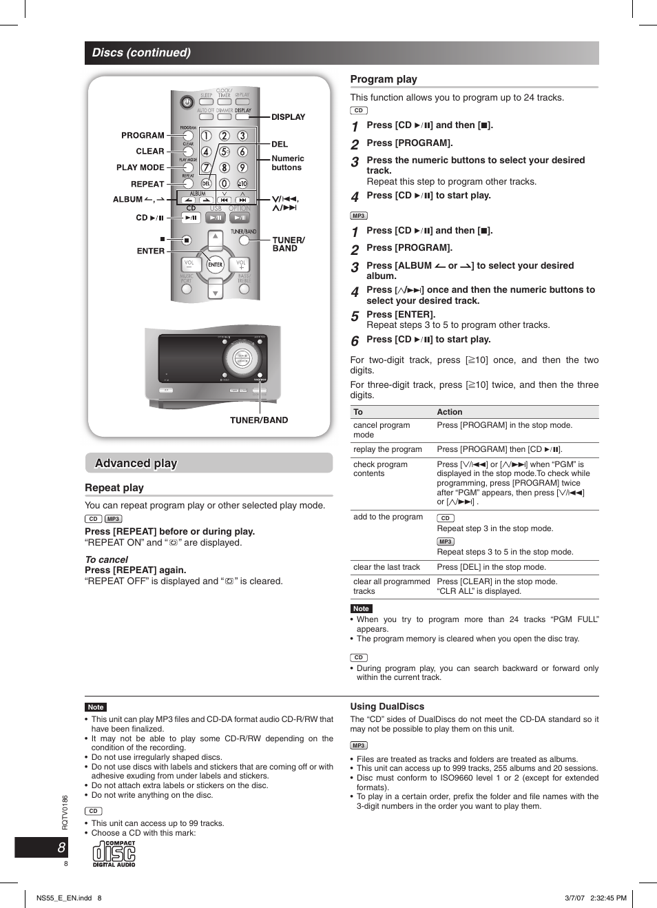 Advanced play, Discs (continued) | Panasonic SCNS55 User Manual | Page 8 / 58