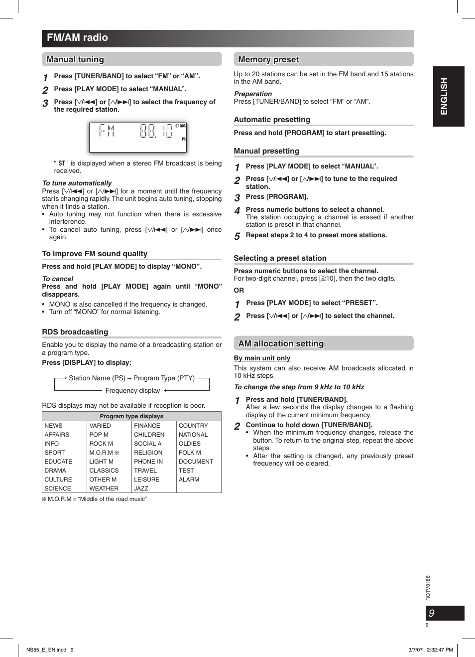 Fm/am radio, English, Am allocation setting | Manual tuning | Panasonic SCNS55 User Manual | Page 9 / 58