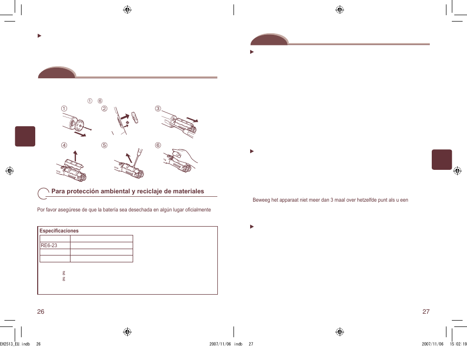 Retirar la batería recargable interna, Veiligheidsvoorschriften | Panasonic EH2513 User Manual | Page 14 / 67
