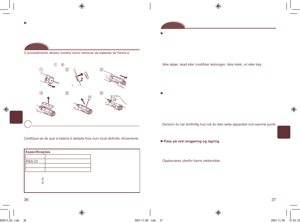 Remoção da bateria recarregável incorporada, Sikkerhetsinstrukser | Panasonic EH2513 User Manual | Page 19 / 67
