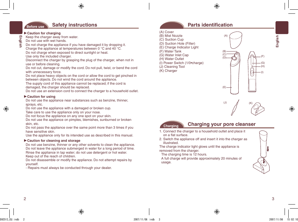 Safety instructions, Parts identifi cation, Charging your pore cleanser | Panasonic EH2513 User Manual | Page 2 / 67