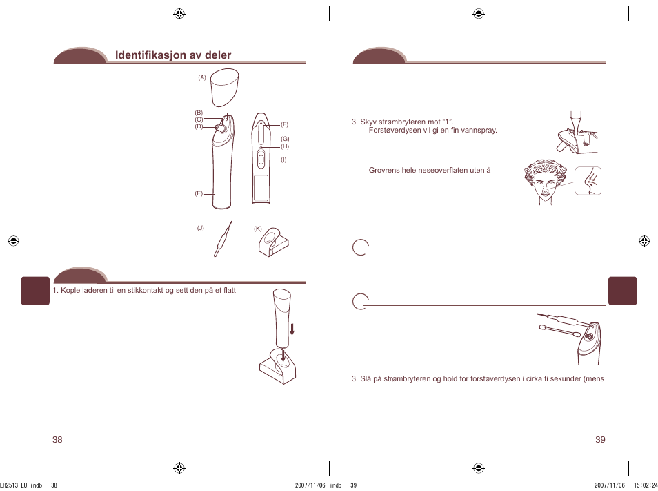 Identiﬁ kasjon av deler, Lade din porerenser, Bruke din porerenser | Panasonic EH2513 User Manual | Page 20 / 67