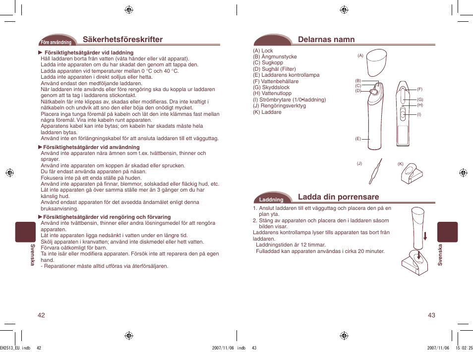 Säkerhetsföreskrifter, Delarnas namn, Ladda din porrensare | Panasonic EH2513 User Manual | Page 22 / 67