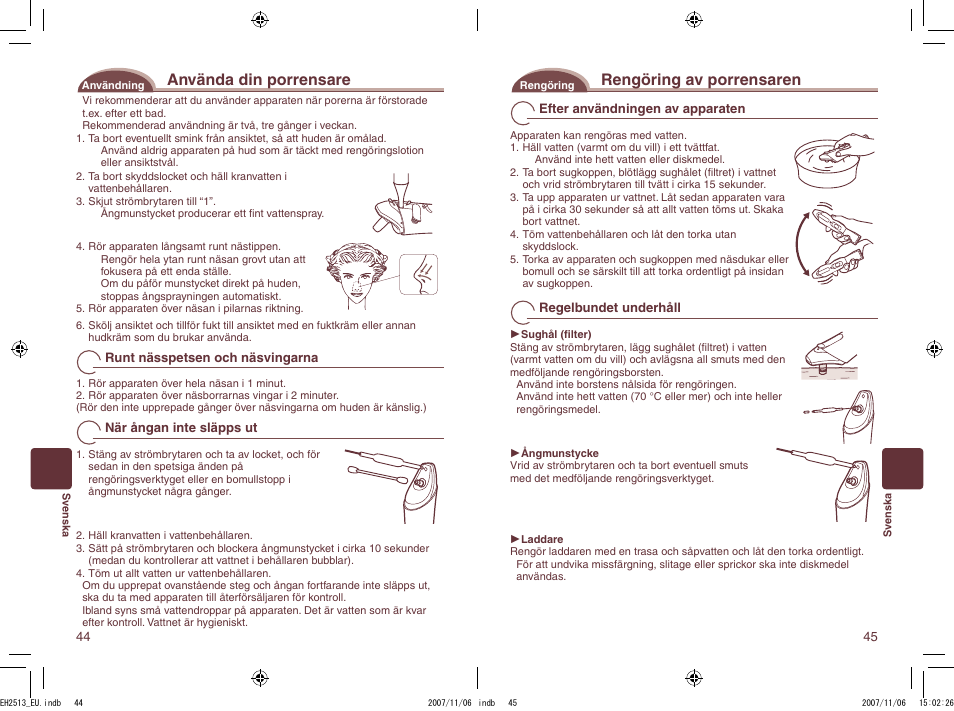 Använda din porrensare, Rengöring av porrensaren | Panasonic EH2513 User Manual | Page 23 / 67