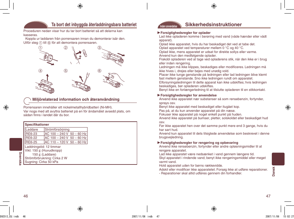 Ta bort det inbyggda återladdningsbara batteriet, Sikkerhedsinstruktioner | Panasonic EH2513 User Manual | Page 24 / 67