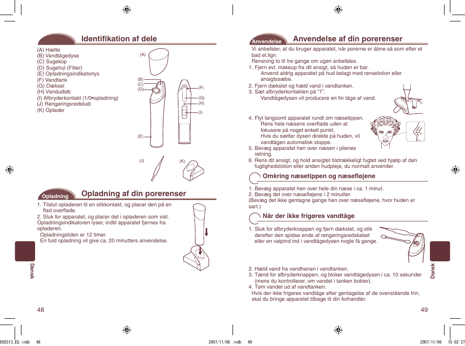 Identifi kation af dele, Opladning af din porerenser, Anvendelse af din porerenser | Panasonic EH2513 User Manual | Page 25 / 67