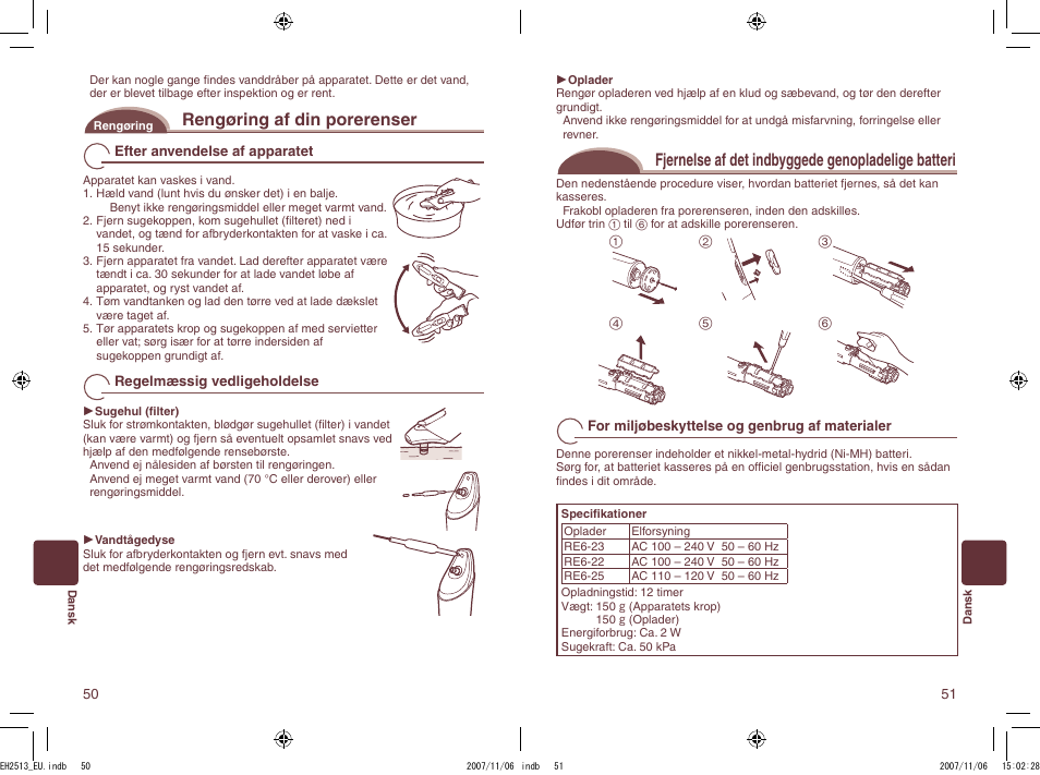 Rengøring af din porerenser, Fjernelse af det indbyggede genopladelige batteri | Panasonic EH2513 User Manual | Page 26 / 67
