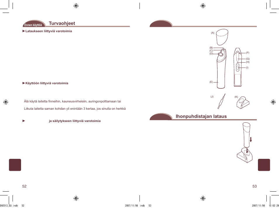 Turvaohjeet, Laitteen osat, Ihonpuhdistajan lataus | Panasonic EH2513 User Manual | Page 27 / 67