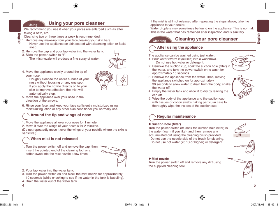 Using your pore cleanser, Cleaning your pore cleanser | Panasonic EH2513 User Manual | Page 3 / 67