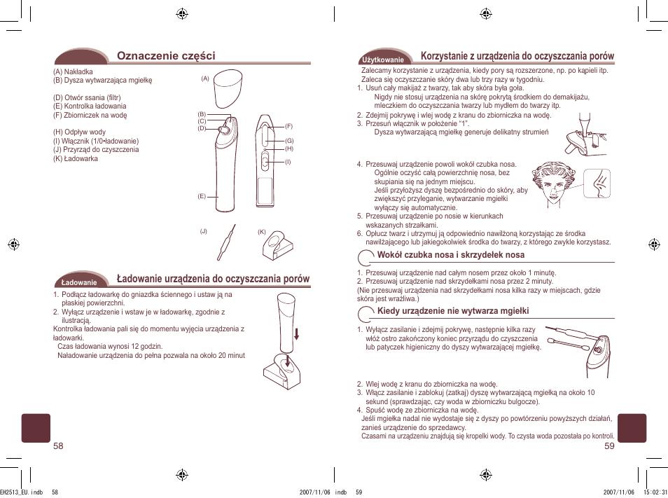Oznaczenie części, Ładowanie urządzenia do oczyszczania porów, Korzystanie z urządzenia do oczyszczania porów | Panasonic EH2513 User Manual | Page 30 / 67