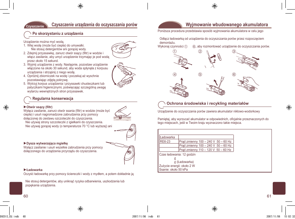 Czyszczenie urządzenia do oczyszczania porów, Wyjmowanie wbudowanego akumulatora | Panasonic EH2513 User Manual | Page 31 / 67