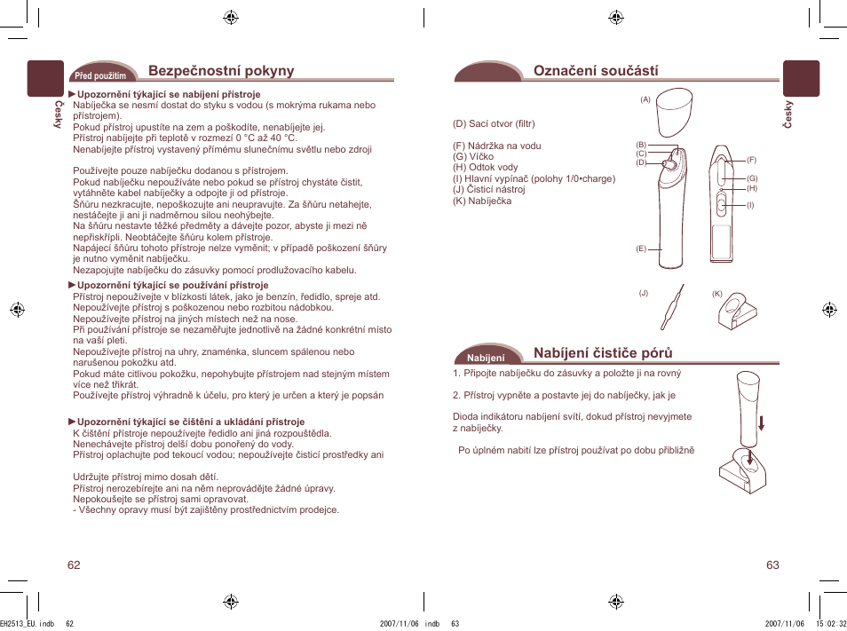 Bezpečnostní pokyny, Označení součástí, Nabíjení čističe pórů | Panasonic EH2513 User Manual | Page 32 / 67