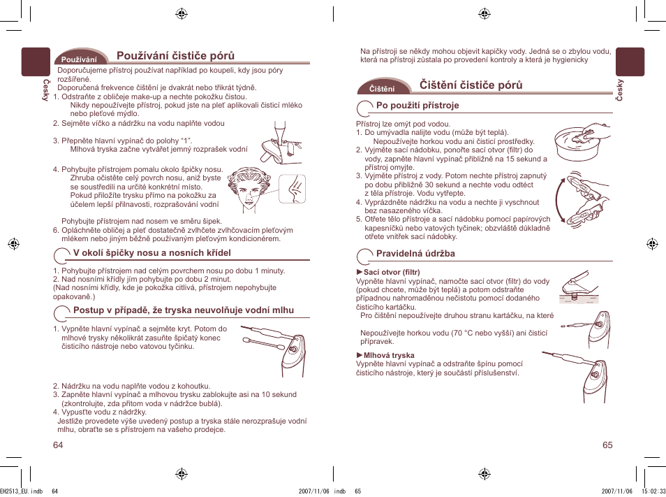 Používání čističe pórů, Čištění čističe pórů | Panasonic EH2513 User Manual | Page 33 / 67