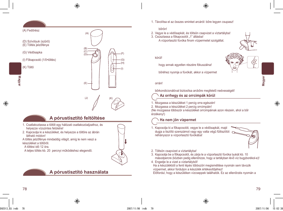 Az alkatrészek azonosítása, A pórustisztító feltöltése, A pórustisztító használata | Panasonic EH2513 User Manual | Page 40 / 67