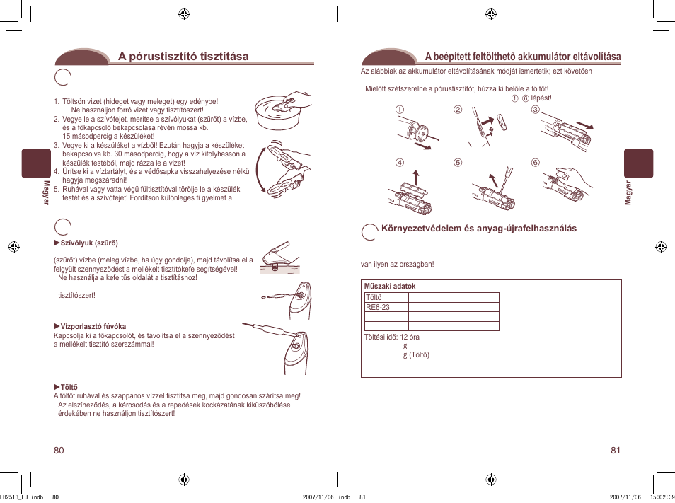 A pórustisztító tisztítása, A beépített feltölthető akkumulátor eltávolítása | Panasonic EH2513 User Manual | Page 41 / 67
