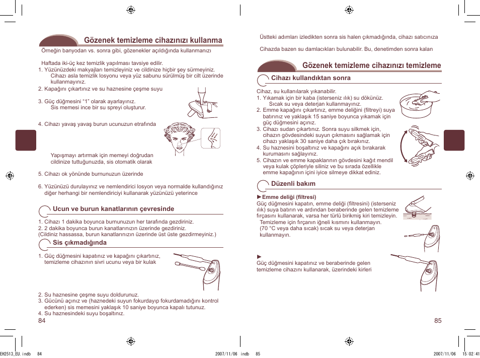Gözenek temizleme cihazınızı kullanma, Gözenek temizleme cihazınızı temizleme | Panasonic EH2513 User Manual | Page 43 / 67