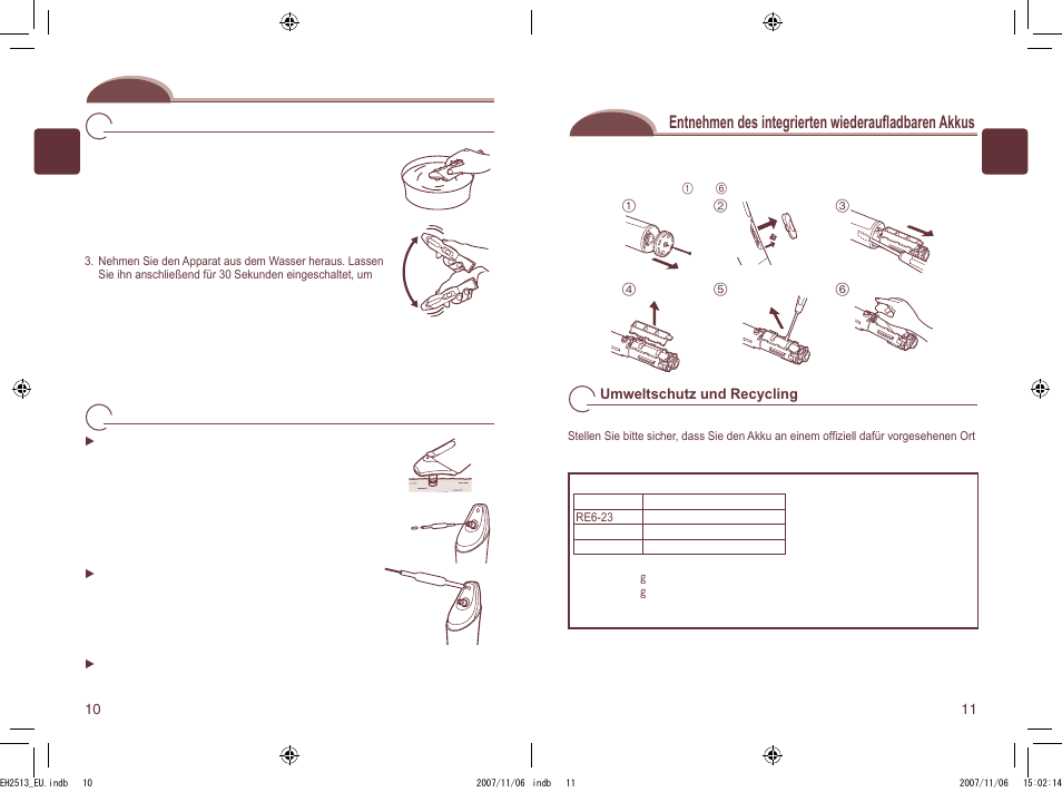 Reinigung ihres porenreinigers, Entnehmen des integrierten wiederauﬂ adbaren akkus | Panasonic EH2513 User Manual | Page 6 / 67