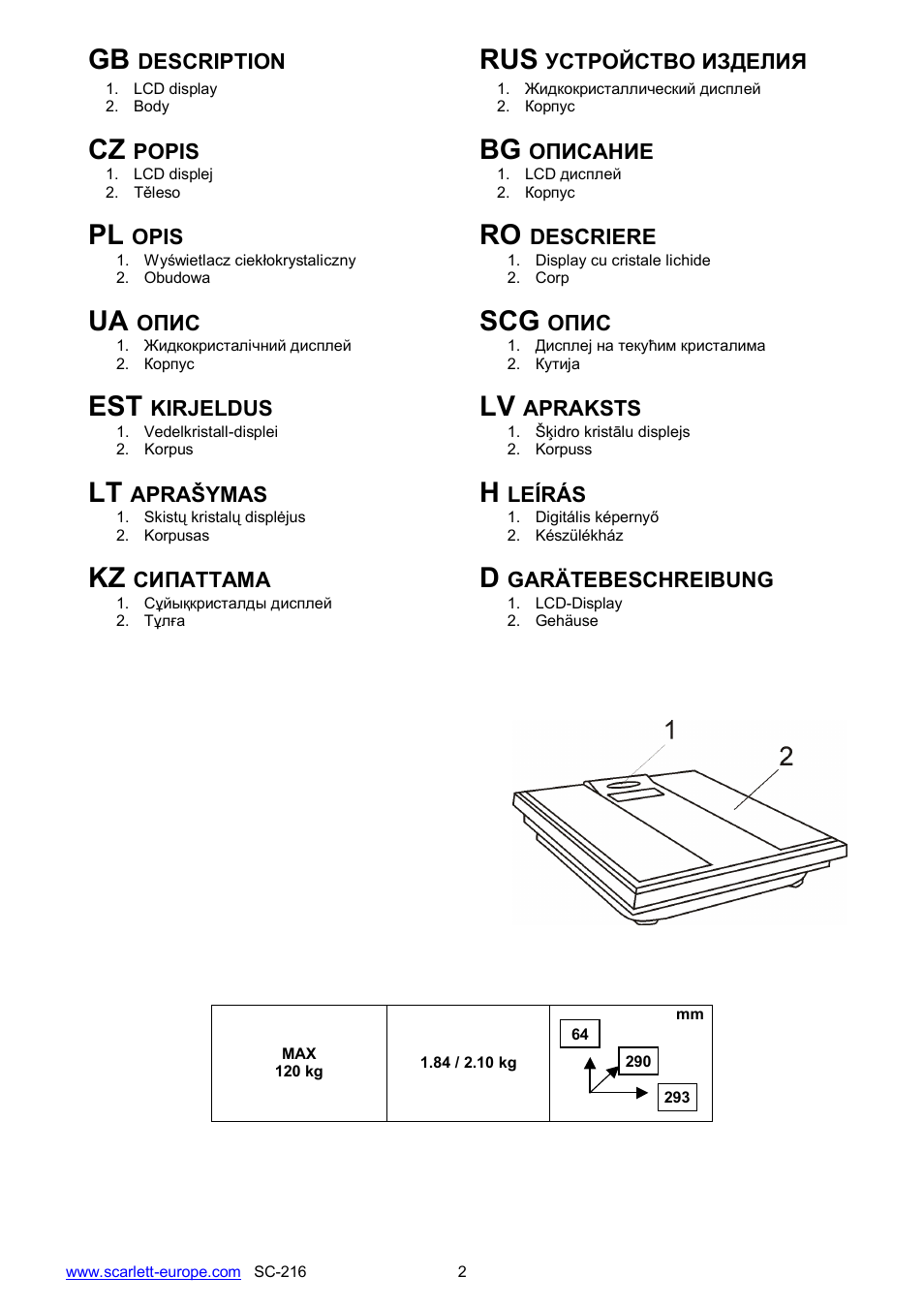 Ua scg, Kz d | Scarlett SC-216 User Manual | Page 2 / 10