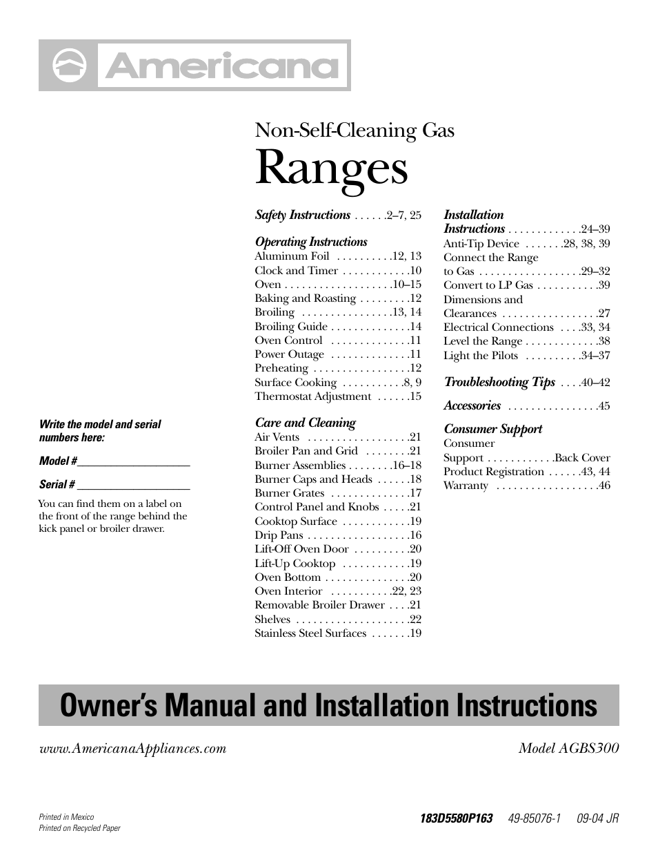 Americana Appliances AGBS300 User Manual | 48 pages