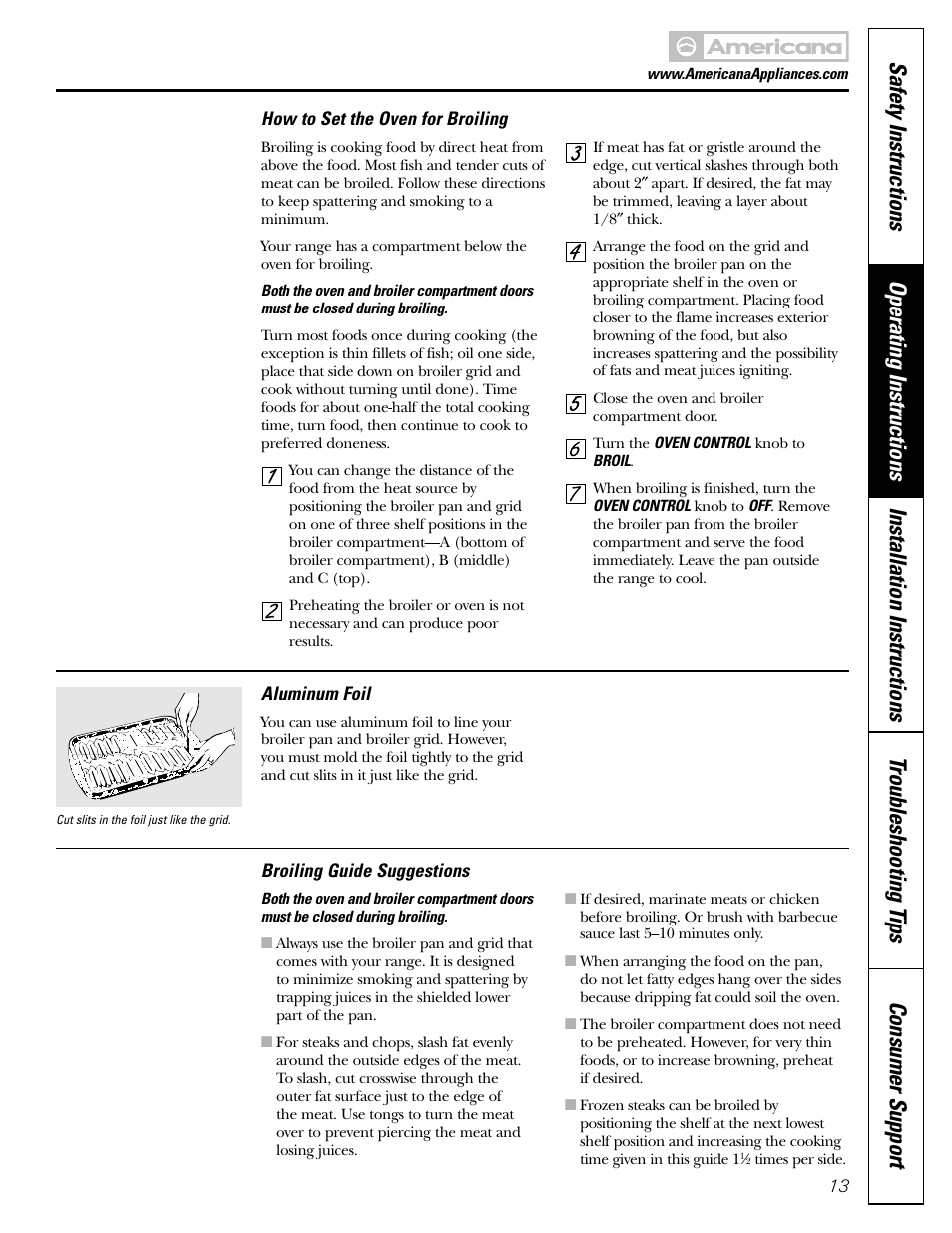 Broiling, Broiling , 14 | Americana Appliances AGBS300 User Manual | Page 13 / 48