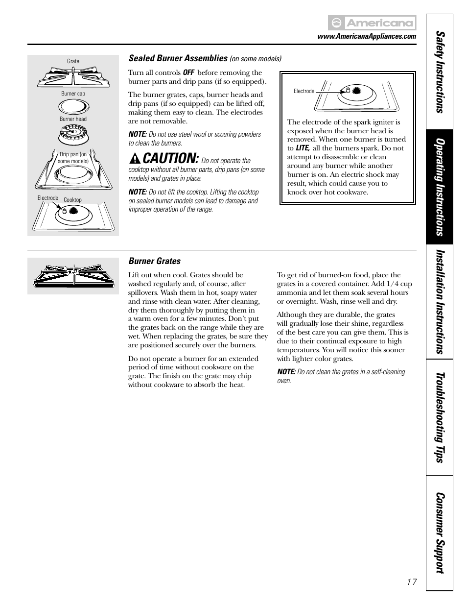 Burner grates, Caution | Americana Appliances AGBS300 User Manual | Page 17 / 48