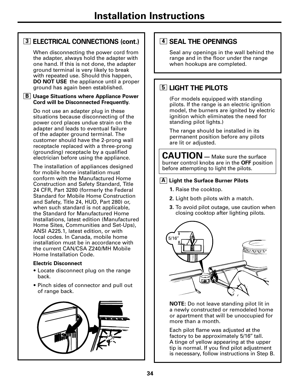 Light the pilots, Light the pilots –37, Installation instructions | Caution | Americana Appliances AGBS300 User Manual | Page 34 / 48