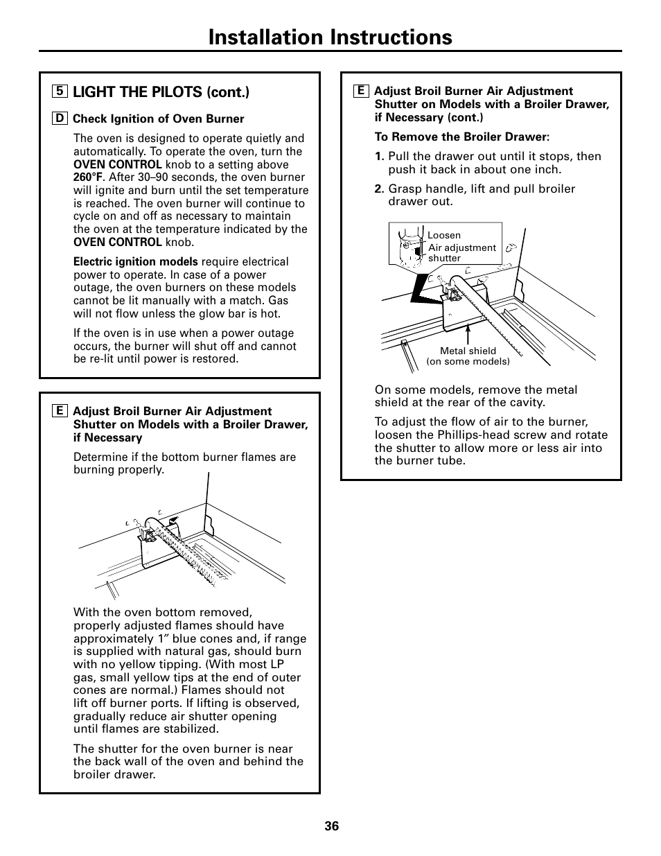 Installation instructions, Light the pilots (cont.) | Americana Appliances AGBS300 User Manual | Page 36 / 48