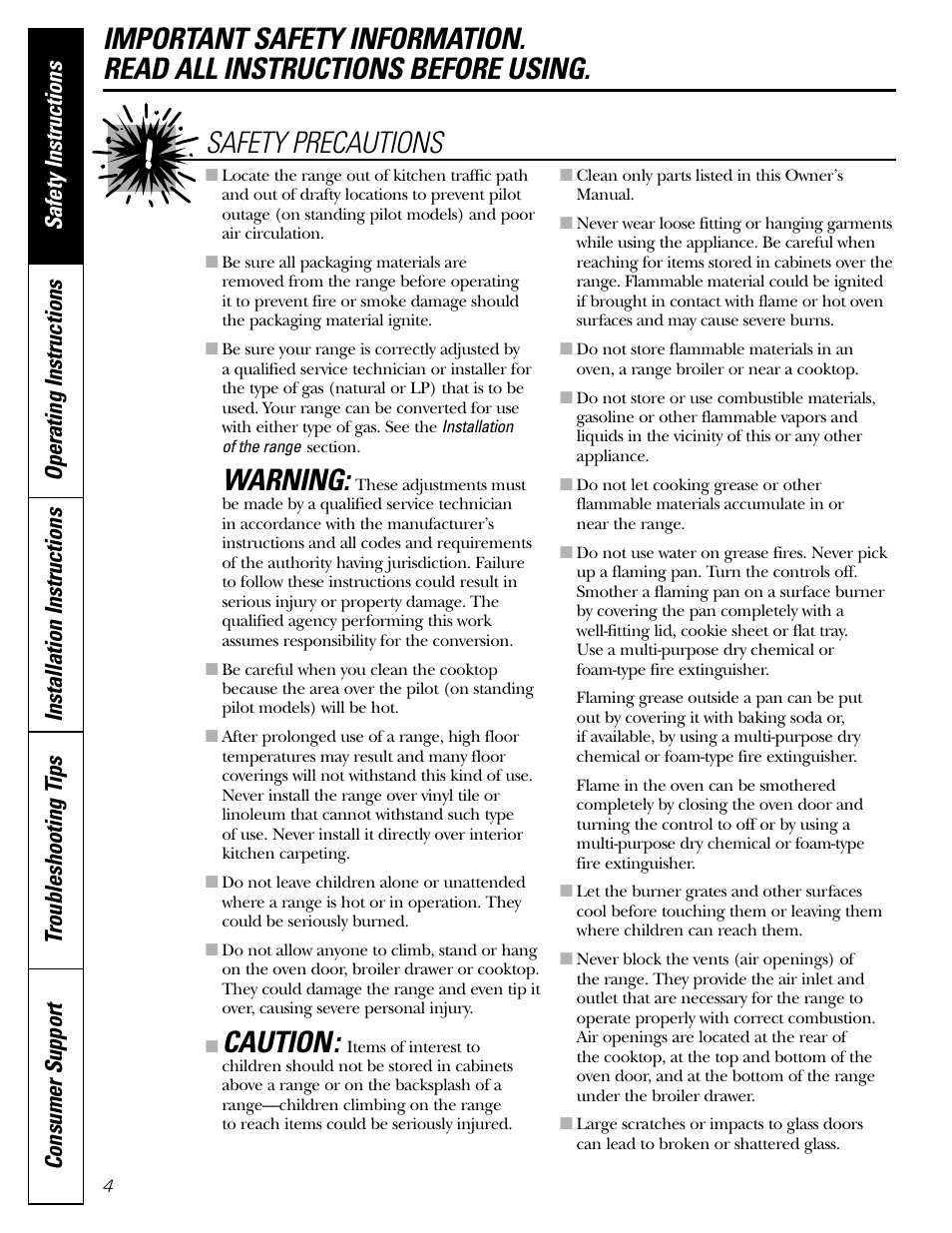 Warning, Caution, Safety precautions | Operating instructions | Americana Appliances AGBS300 User Manual | Page 4 / 48