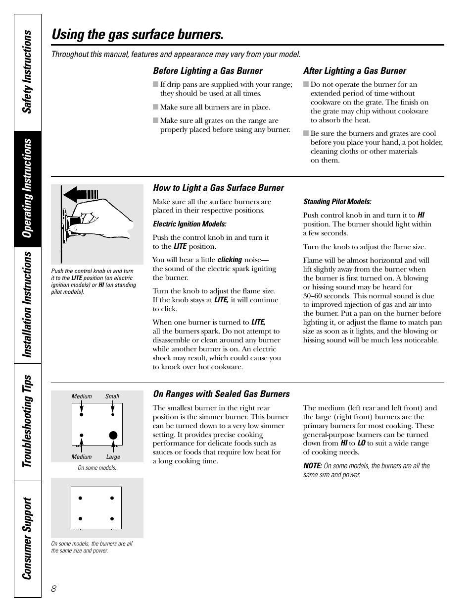 Surface cooking, Surface cooking , 9, Using the gas surface burners | Americana Appliances AGBS300 User Manual | Page 8 / 48