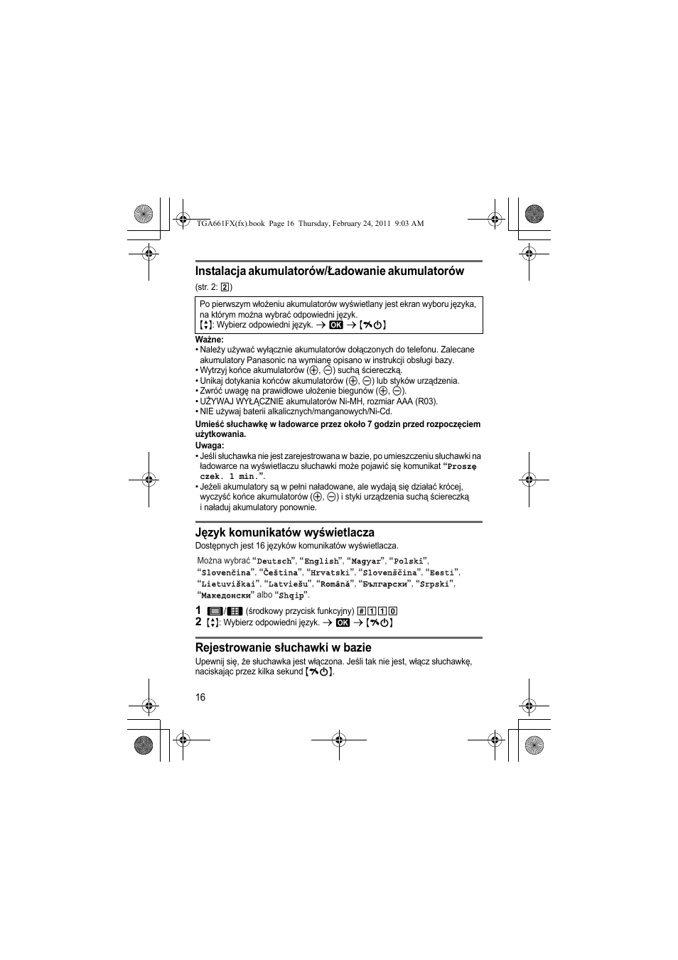 Instalacja akumulatorów/ładowanie akumulatorów, Język komunikatów wyświetlacza, Rejestrowanie słuchawki w bazie | Panasonic KXTGA806FX User Manual | Page 16 / 80