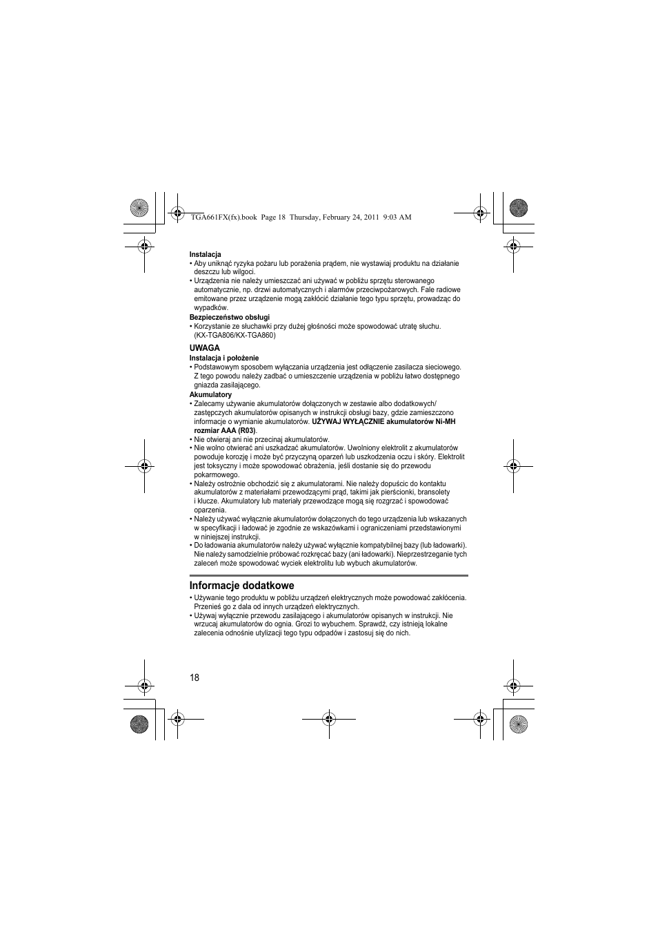 Informacje dodatkowe | Panasonic KXTGA806FX User Manual | Page 18 / 80